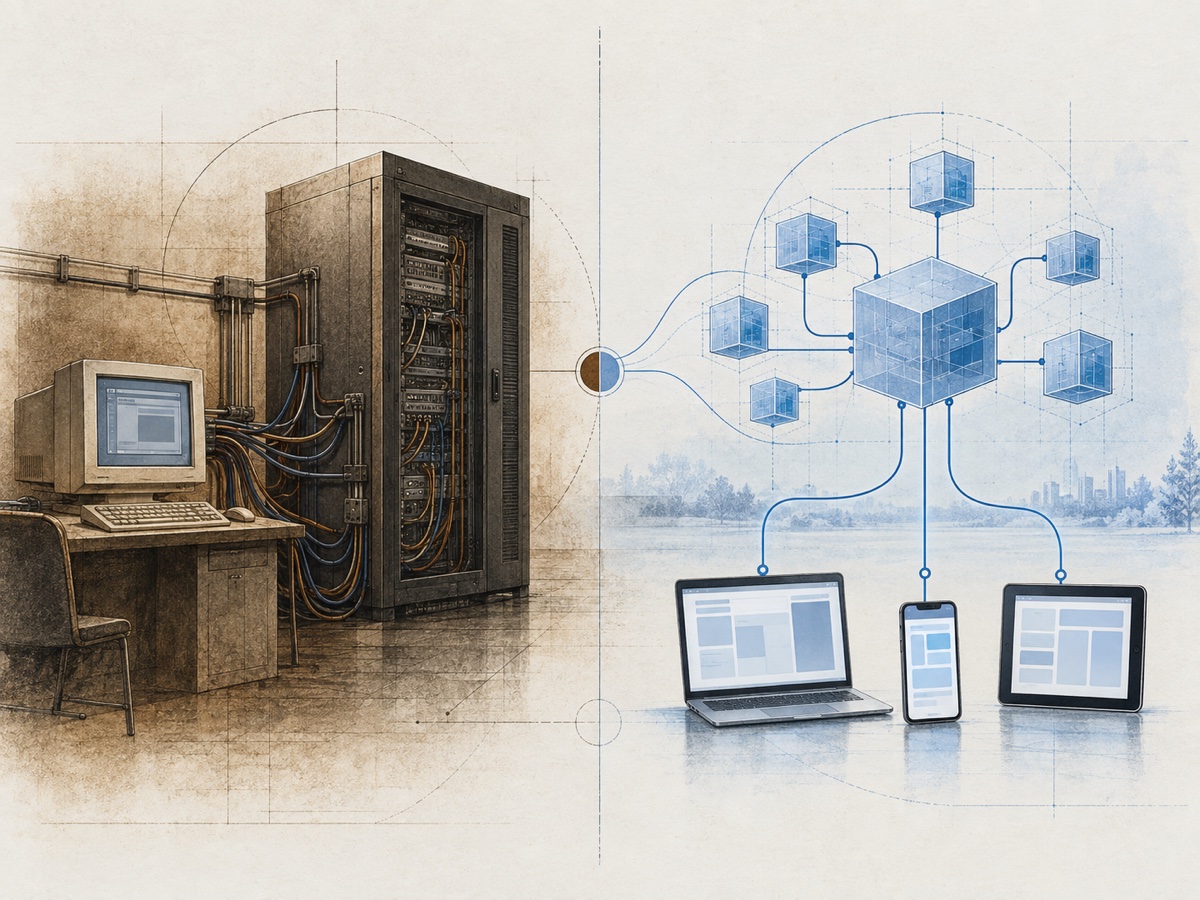 Evolution from a bespoke early application service provider installation to a modular cloud software service connected to many modern devices