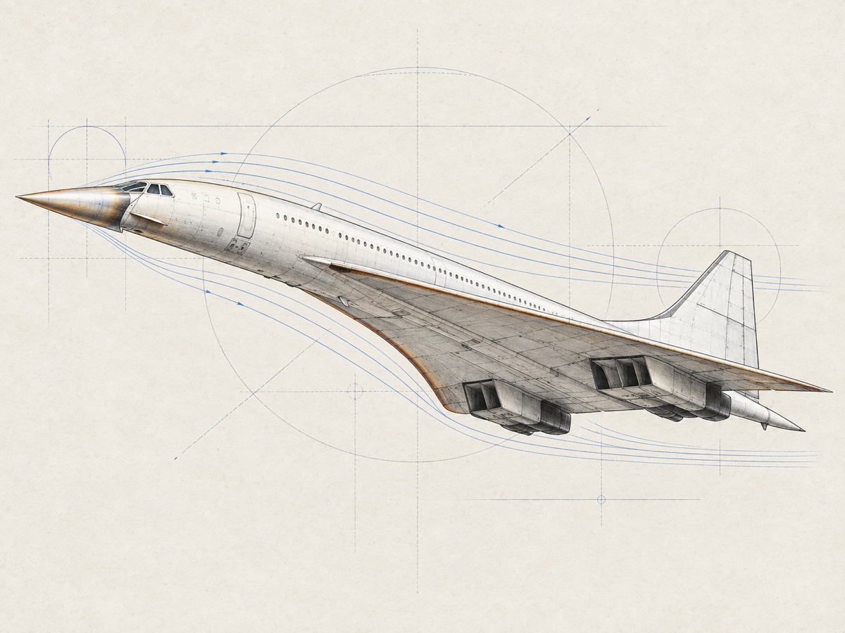 Technical illustration of Concorde in flight with heating highlighted along the nose and leading edges