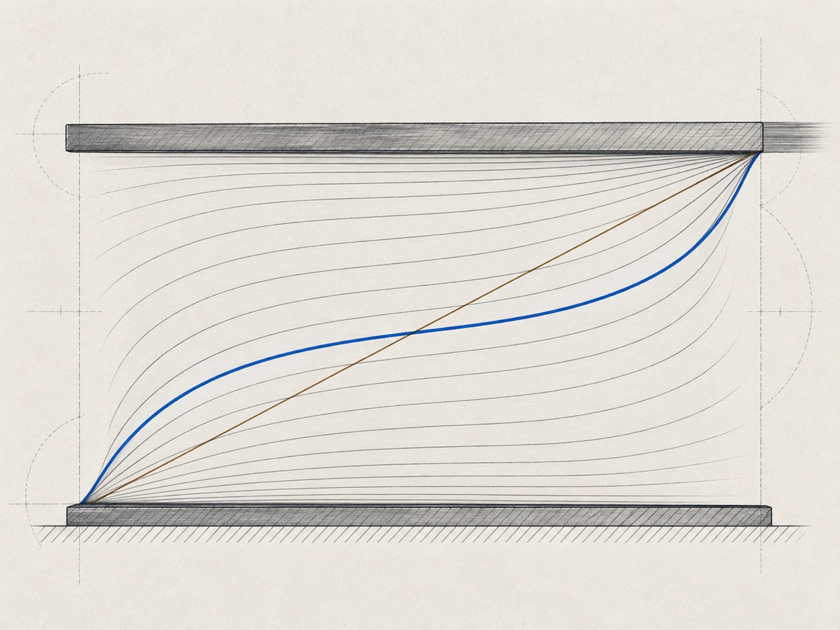 Technical illustration of flow between a moving upper plate and fixed lower plate, with a brass laminar profile and blue turbulent profile