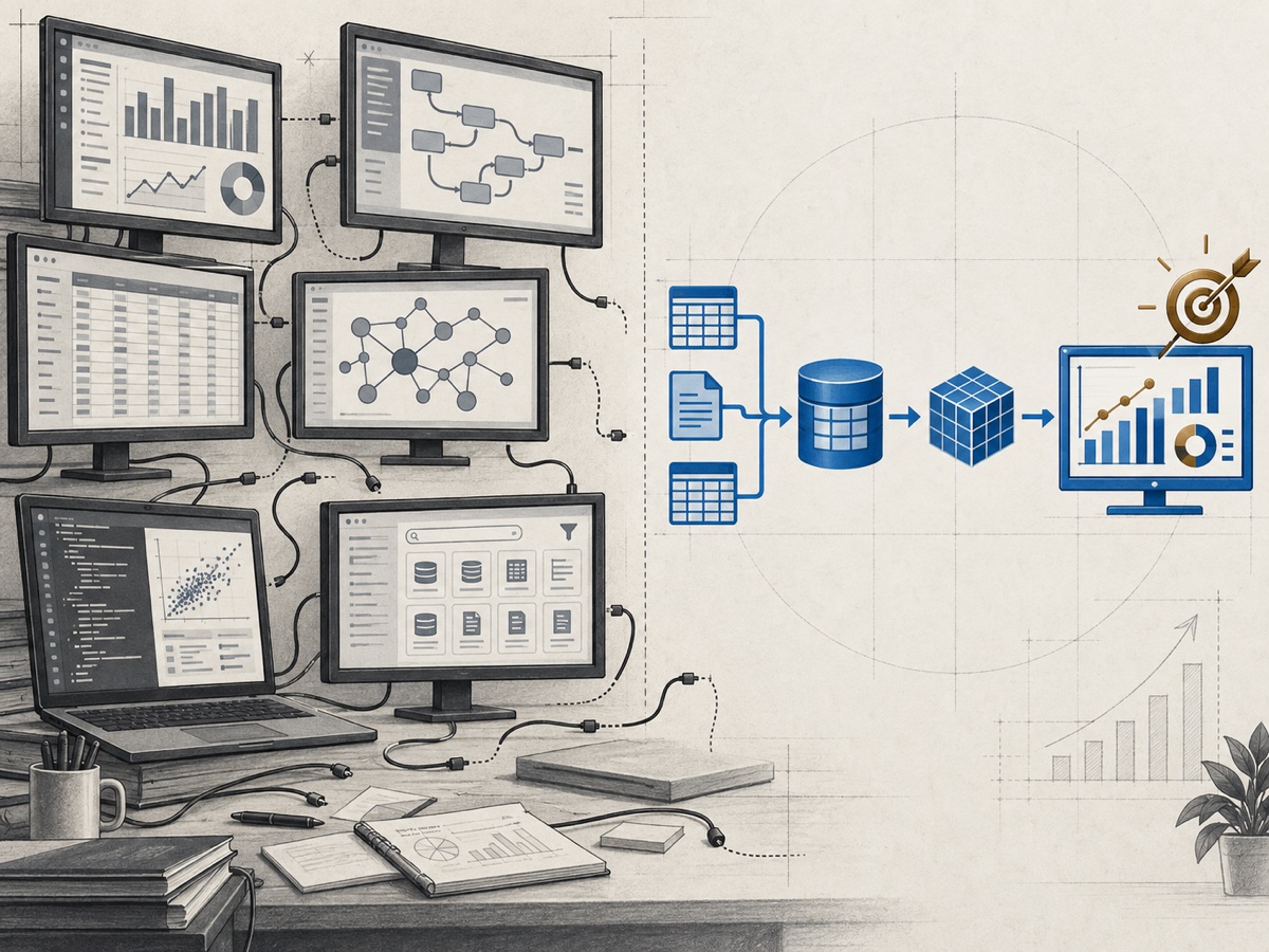 A bank of disconnected data analytics tools—including dashboards, tables, ETL, lineage, code and catalogue screens—beside one connected data-to-decision workflow