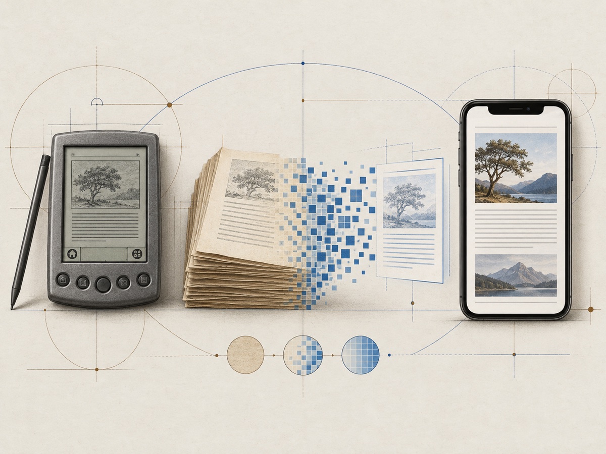 Evolution of electronic publishing from a late-1990s stylus PDA through digitised pages to a modern smartphone