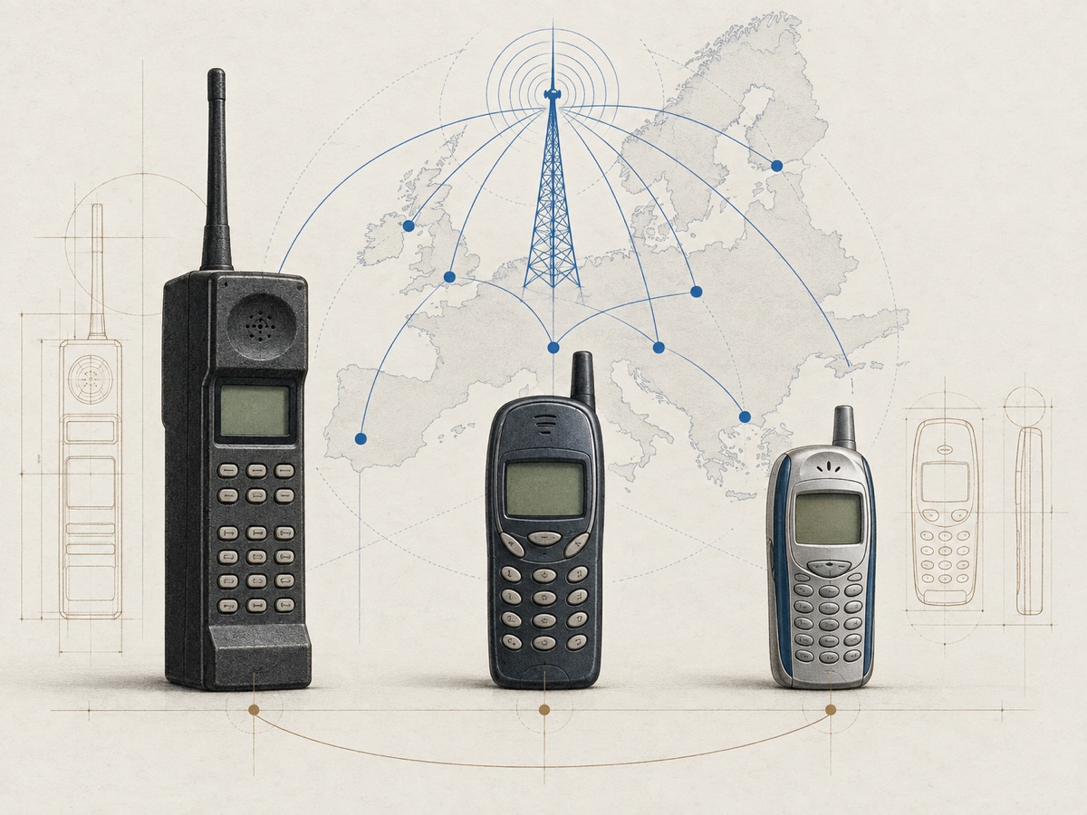 Three generations of 1990s and early-2000s GSM mobile phones connected by one network across Europe