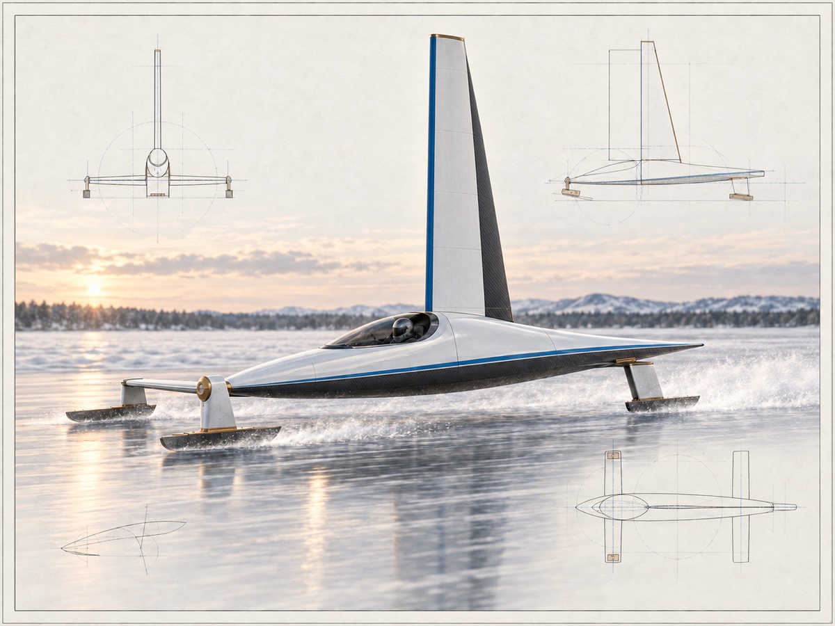 Realistic reconstruction of a high-speed ice yacht with an enclosed cockpit, one fore-and-aft aerodynamic rigid wing sail, stability wings and metal runners