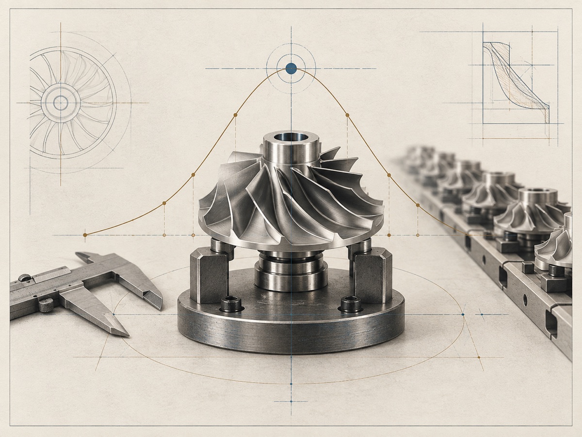 Precision aerospace turbine component under measurement, overlaid with a Taguchi loss curve and an orderly just-in-time production line