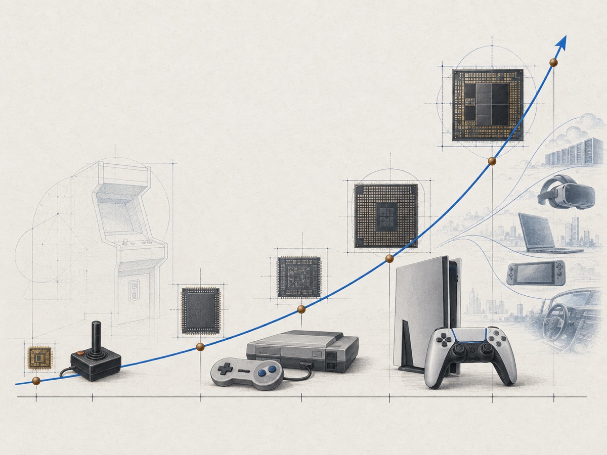 An exponential curve linking successive microprocessor generations with the evolution from early joysticks to modern gaming hardware