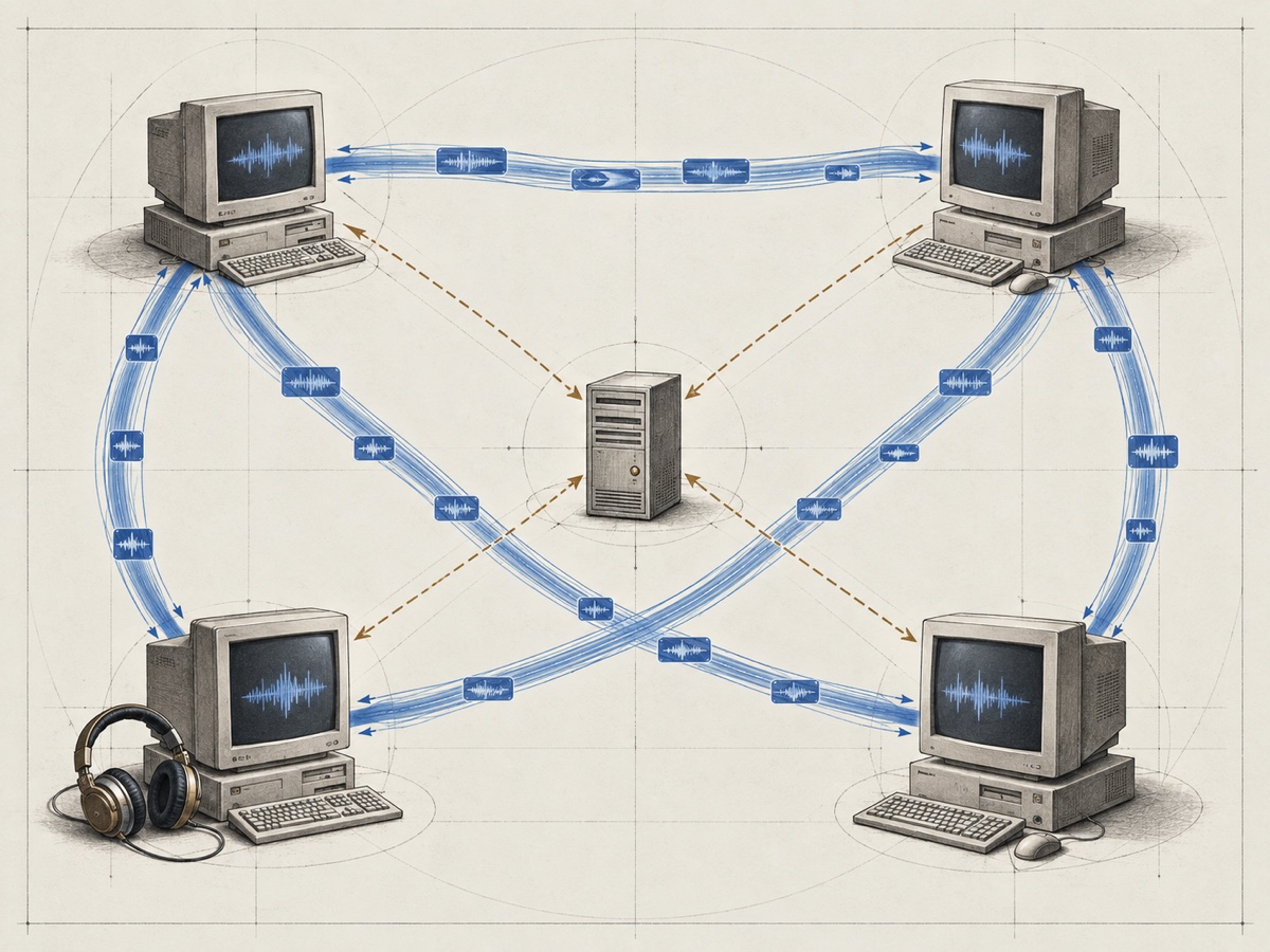 Four late-1990s computers querying a central index while audio files travel directly between peers