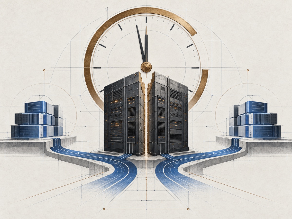 A countdown clock above a legacy enterprise system splitting into two, with both halves following parallel modernisation paths