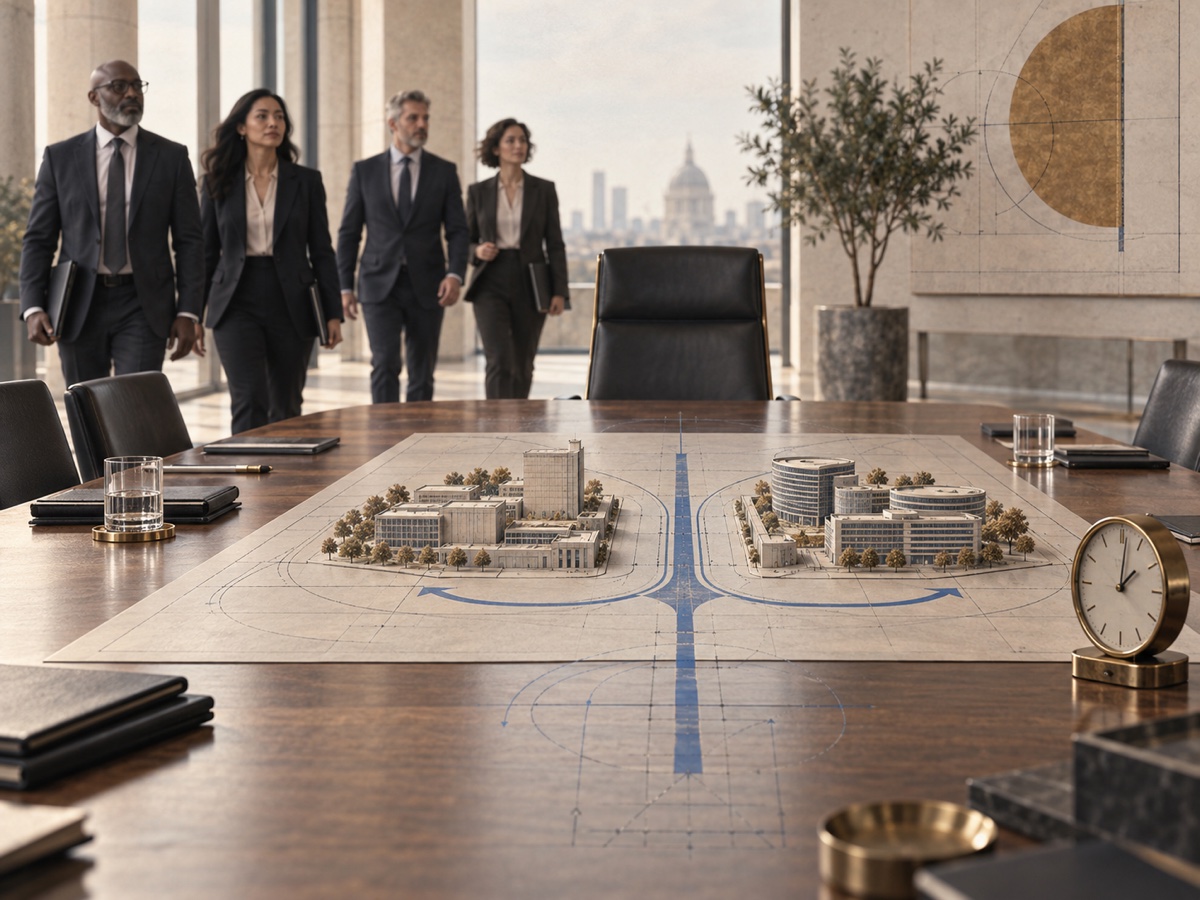An empty executive chair faces a live carve-out transformation plan as a diverse group of senior technology candidates approaches