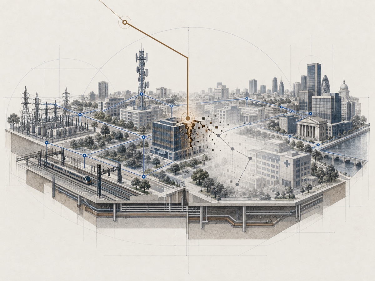 Civilian city infrastructure linked by a digital network, with one compromised node disrupting nearby systems