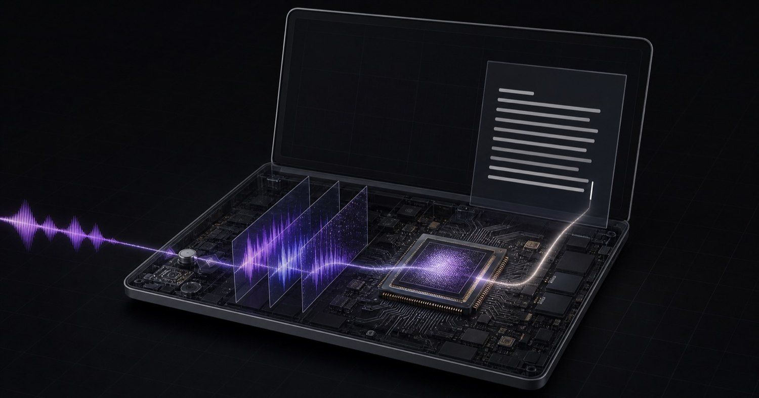Your microphone feeds a speech model running on silicon you already own. There is no third leg to the journey.