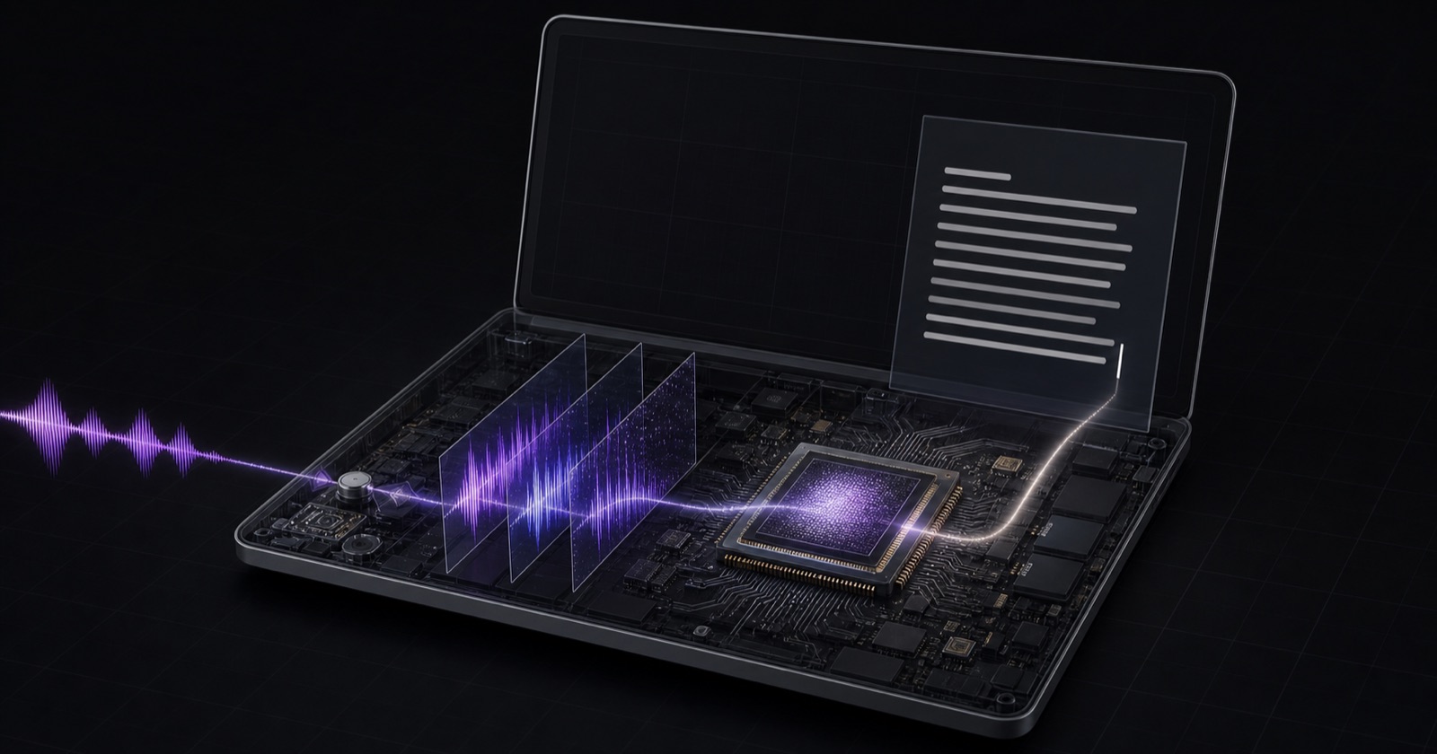 A waveform entering a laptop, passing through the processor and emerging as a page of text on the screen