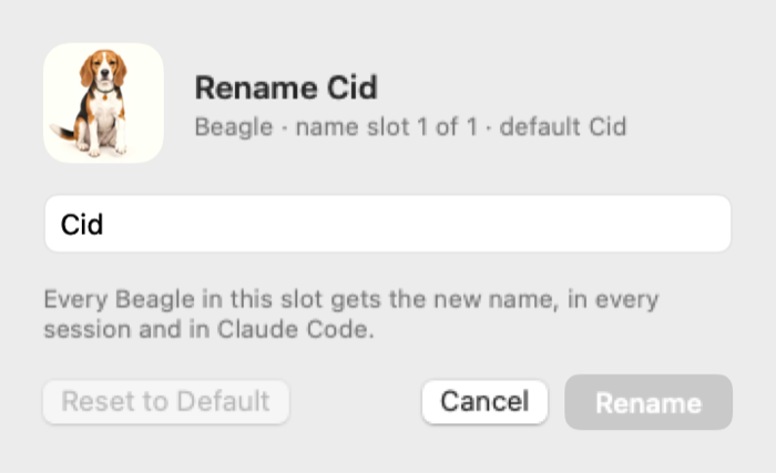The rename sheet in Paws with a dog's name being edited.