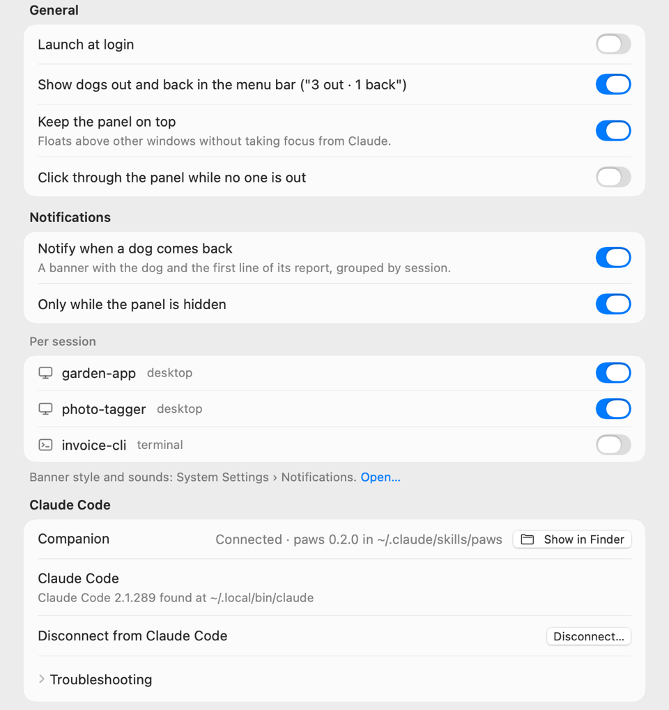 Part of Settings: general options, notifications per session and the Claude Code connection.